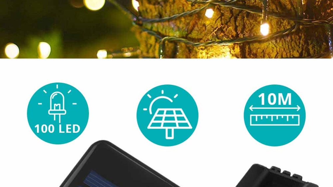 Timeless Tools 100 LED-es napelemes kerti fényfüzér-10 méteres-meleg fehér