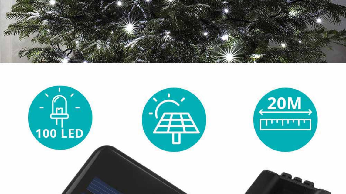 Timeless Tools 100 LED-es napelemes kerti fényfüzér-20 méteres-hideg fehér