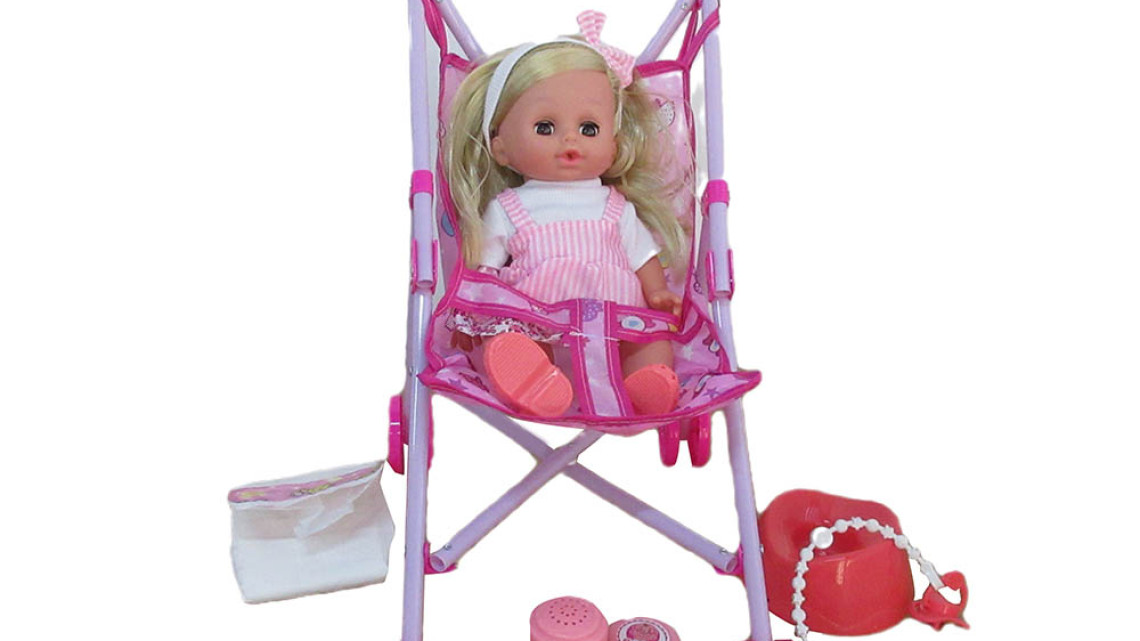 Timeless Tools Beszélő játékbaba babakocsival és kiegészítőkkel