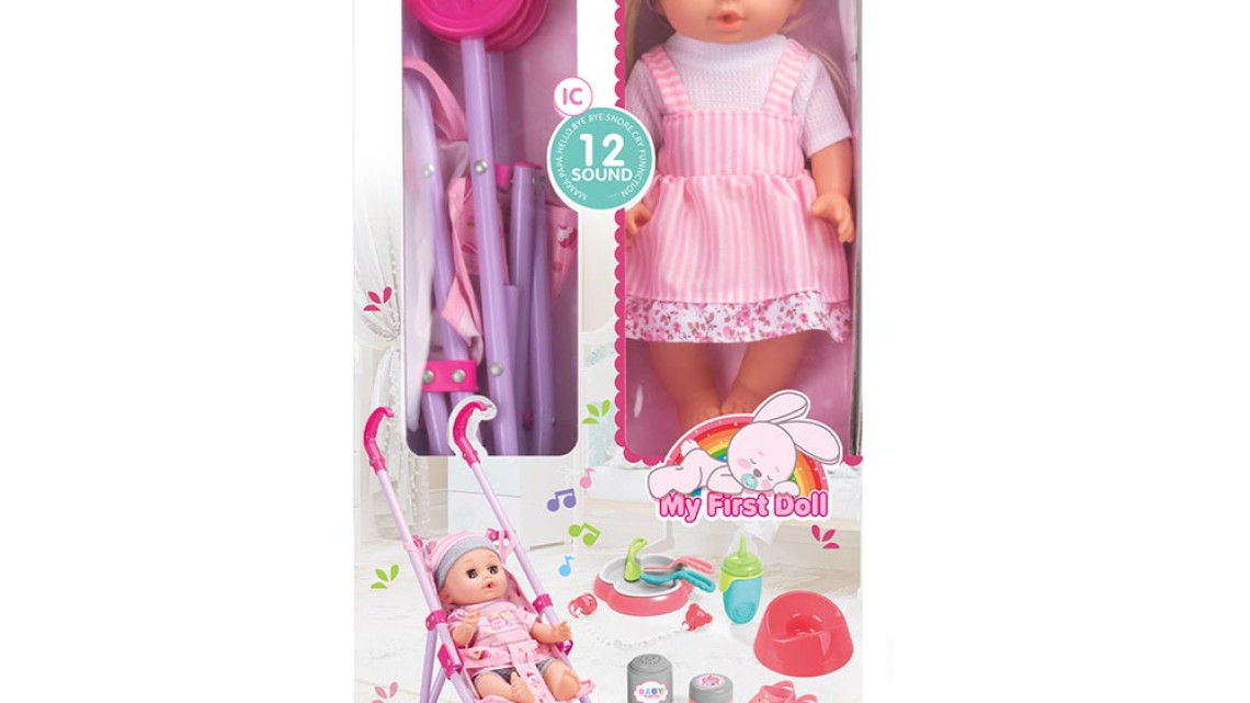 Timeless Tools Beszélő játékbaba babakocsival és kiegészítőkkel