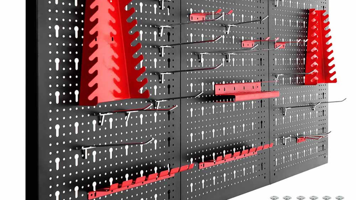 Timeless Tools Fém, fali szerszámtartó panel kampókkal és tárolókkal