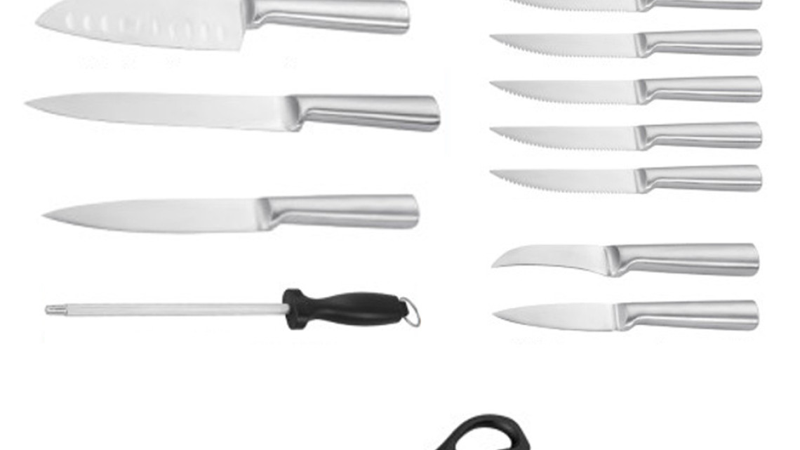 Timeless Tools 16 részes rozsdamentes késkészlet fa tartóban, élezővel, ollóval