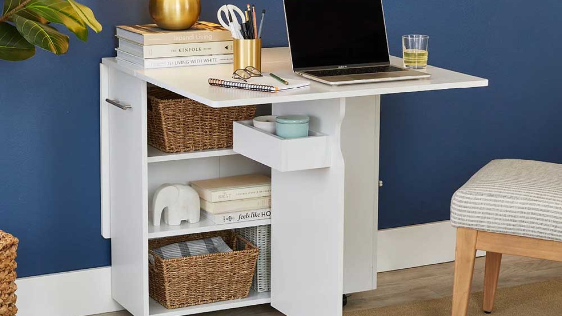 Timeless Tools Összecsukható gurulós asztal polcokkal, kinyitható asztallappal, fehér