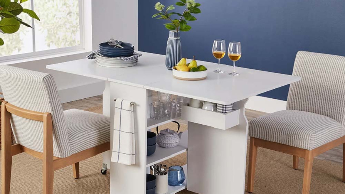 Timeless Tools Összecsukható gurulós asztal polcokkal, kinyitható asztallappal, fehér