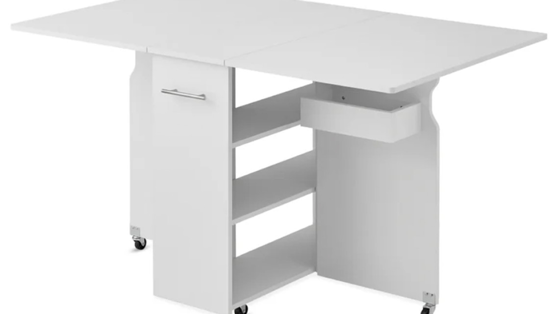 Timeless Tools Összecsukható gurulós asztal polcokkal, kinyitható asztallappal, fehér