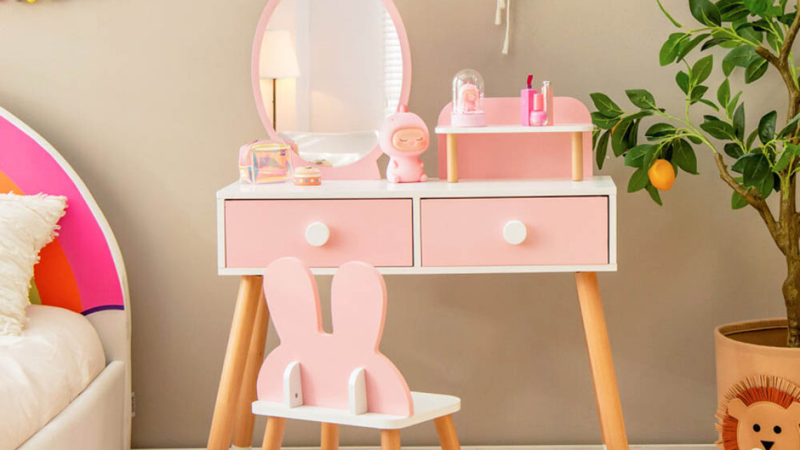Timeless Tools Nyuszis fésülködő asztal gyerekeknek tükörrel, székkel