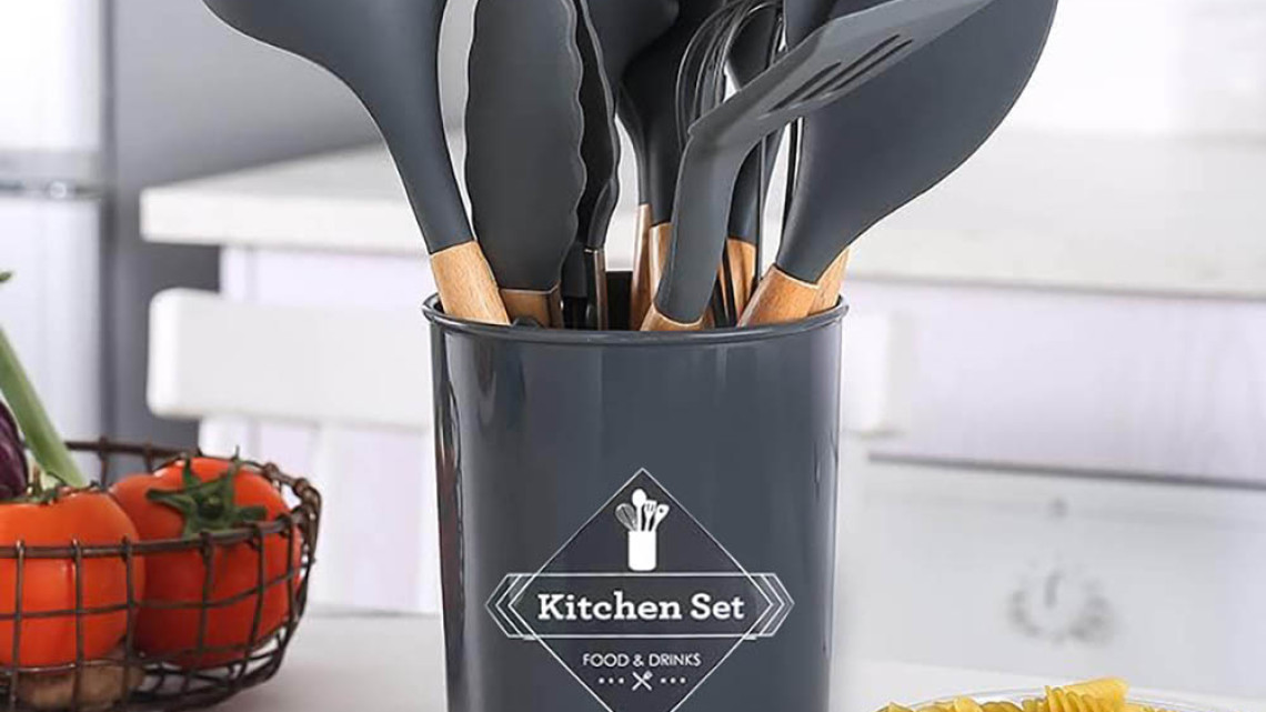 Timeless Tools 14 darabos konyhai eszközkészlet, hőálló szilikon fejjel, tartóval, sötétszürke