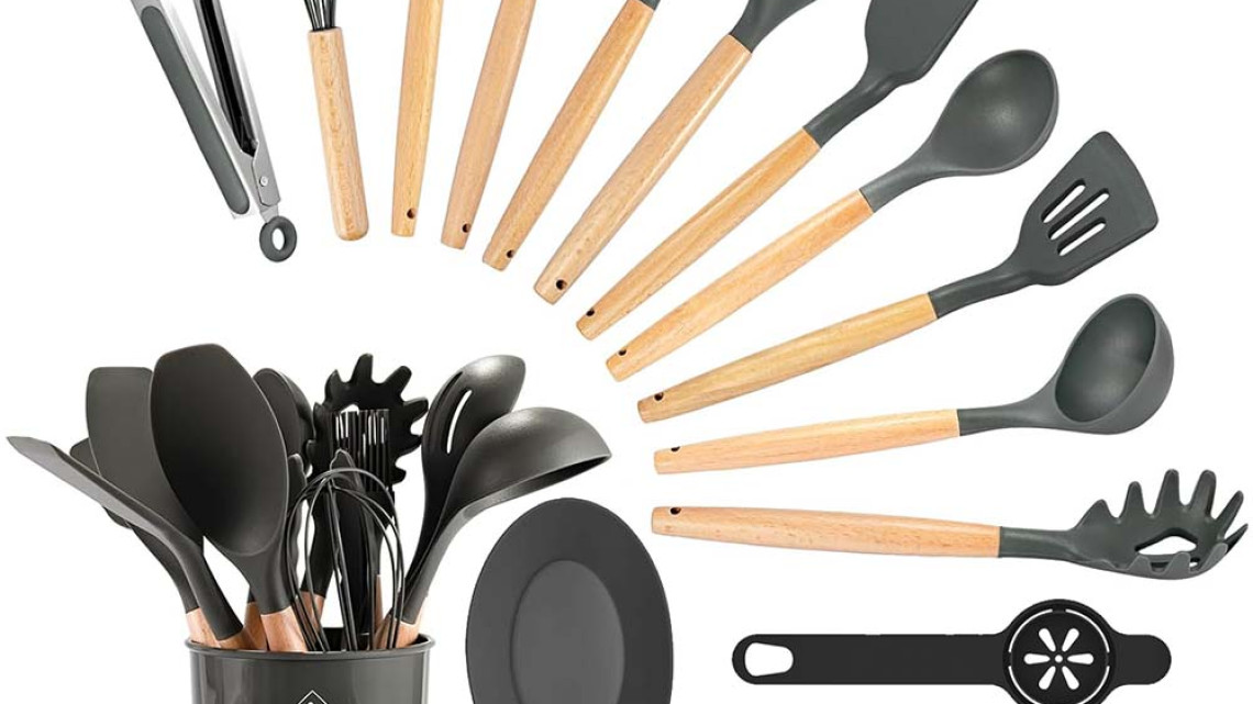 Timeless Tools 14 darabos konyhai eszközkészlet, hőálló szilikon fejjel, tartóval, sötétszürke