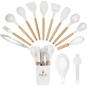 Timeless Tools 14 darabos konyhai eszközkészlet, hőálló szilikon fejjel, tartóval, fehér