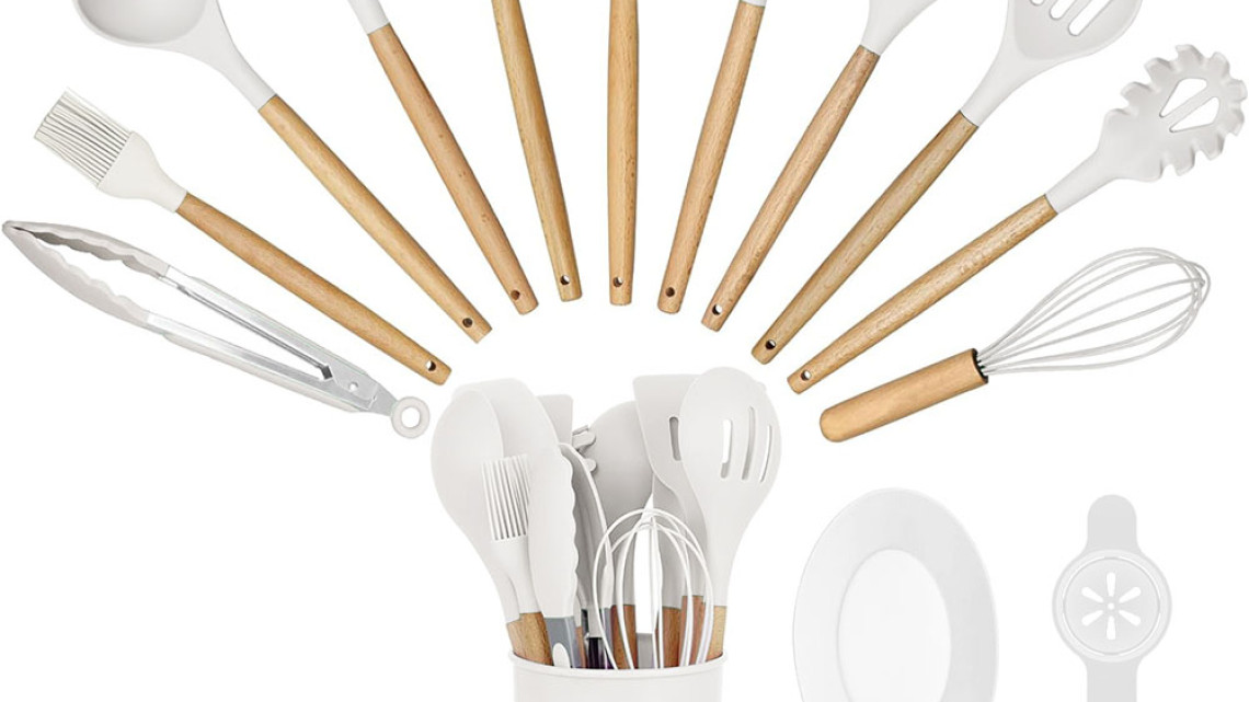 Timeless Tools 14 darabos konyhai eszközkészlet, hőálló szilikon fejjel, tartóval, fehér