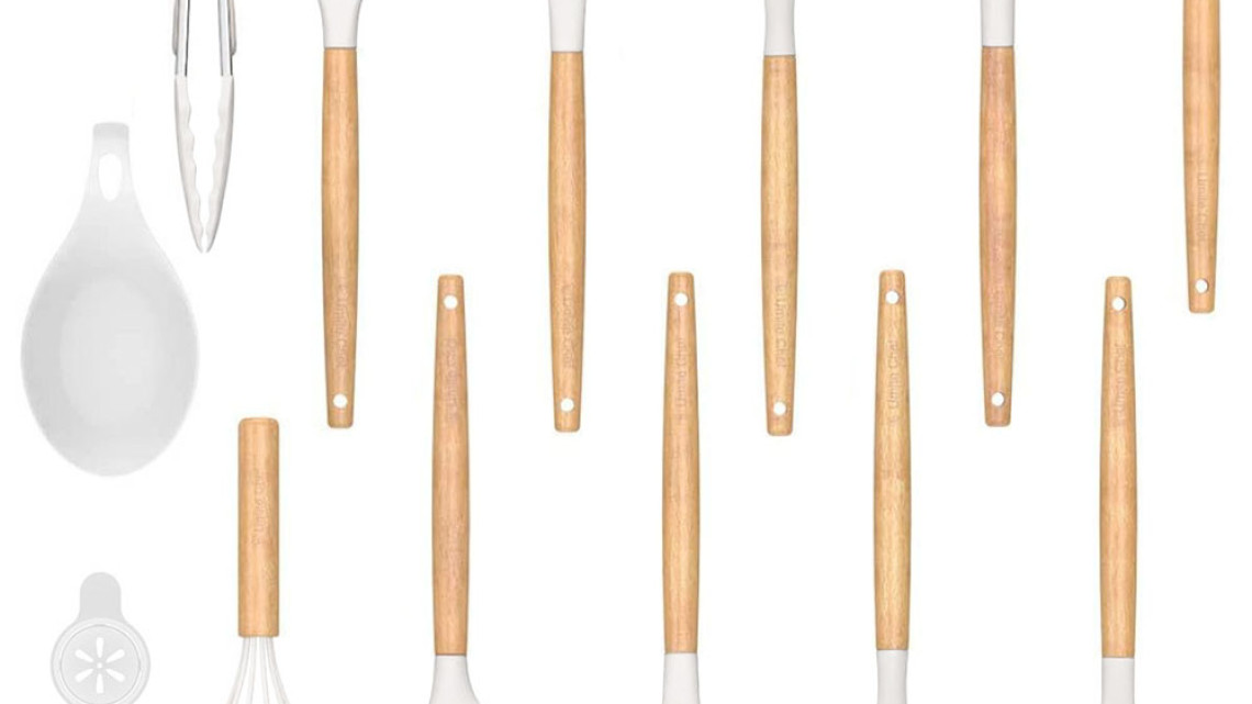 Timeless Tools 14 darabos konyhai eszközkészlet, hőálló szilikon fejjel, tartóval, fehér