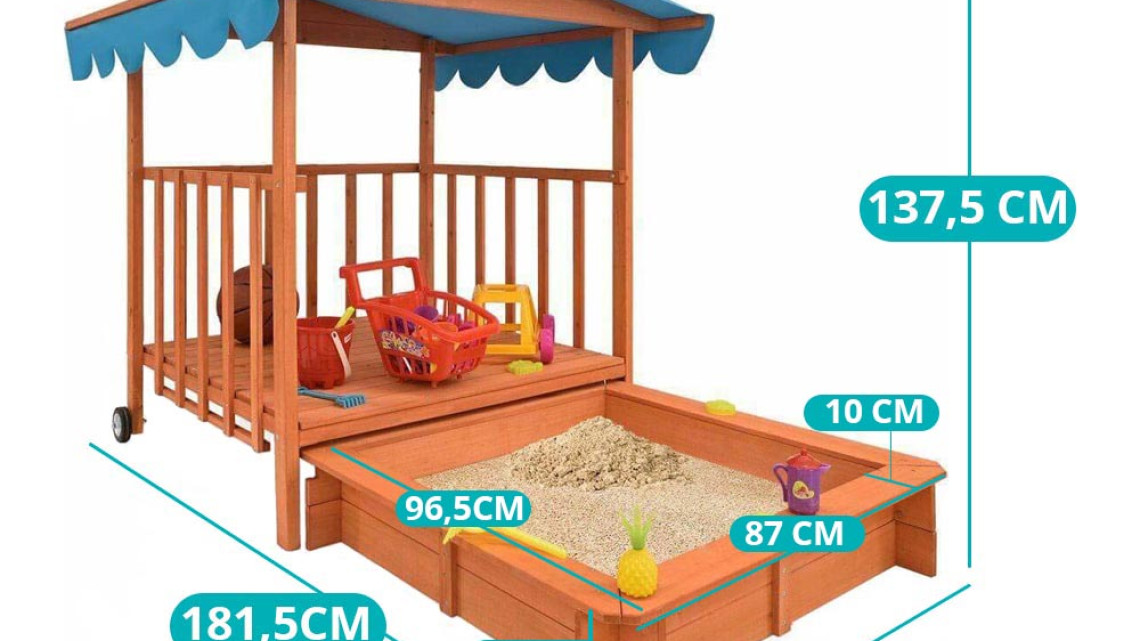 Timeless Tools Fa játszóház homokozóval és árnyékoló tetővel