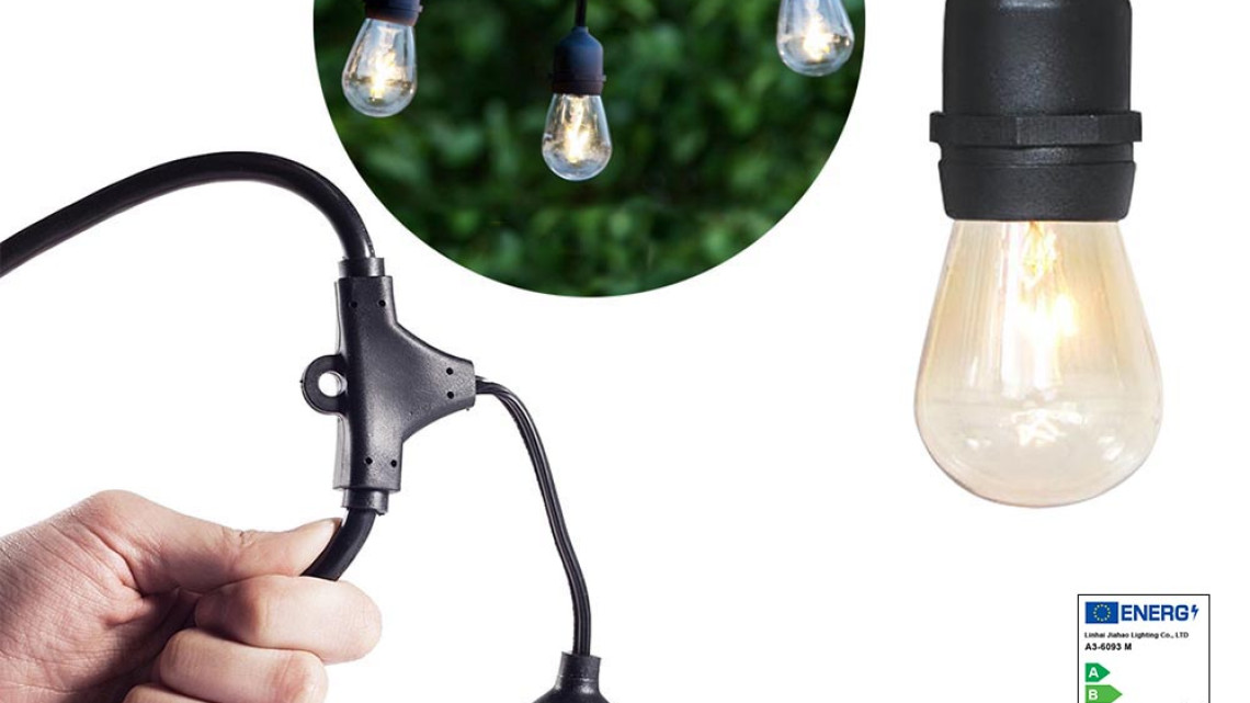 Timeless Tools Vízálló dekor égősor, 15 db E27 LED lámpával, 14,6 m, melegfehér